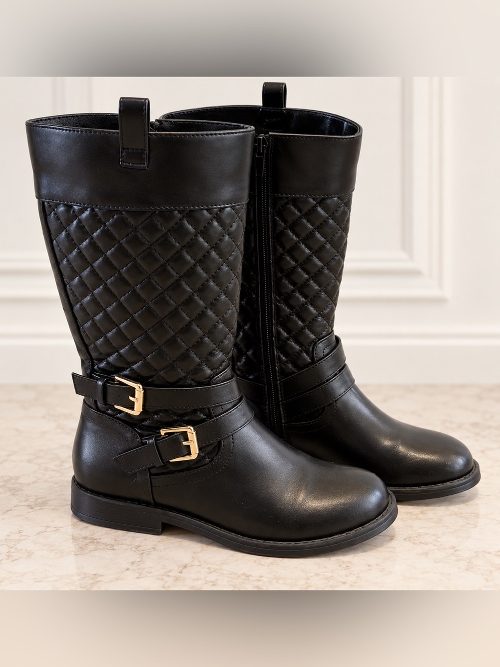 Quilted Mid-Calf Kids Boots with Buckle Accent - Black